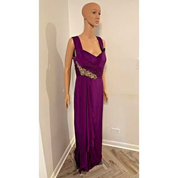 MARCHESA NOTTE Purple Silk Gold Sequin Ruched Long Evening Dress Ret $1095 Sz 16 - Picture 4 of 13